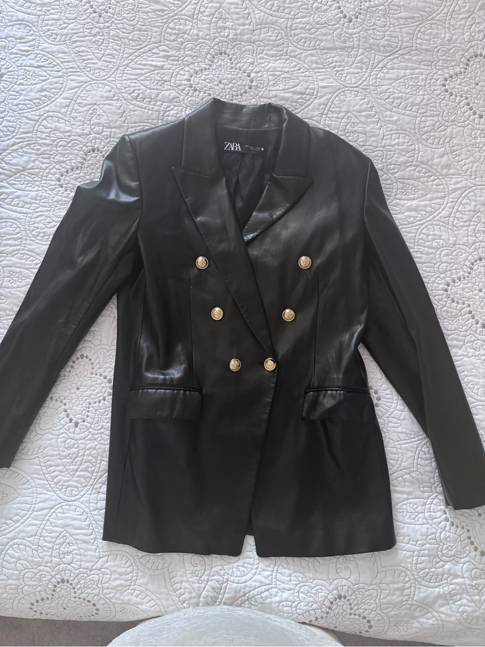 Zara Black Faux Leather Double-Breasted Blazer with Gold Buttons